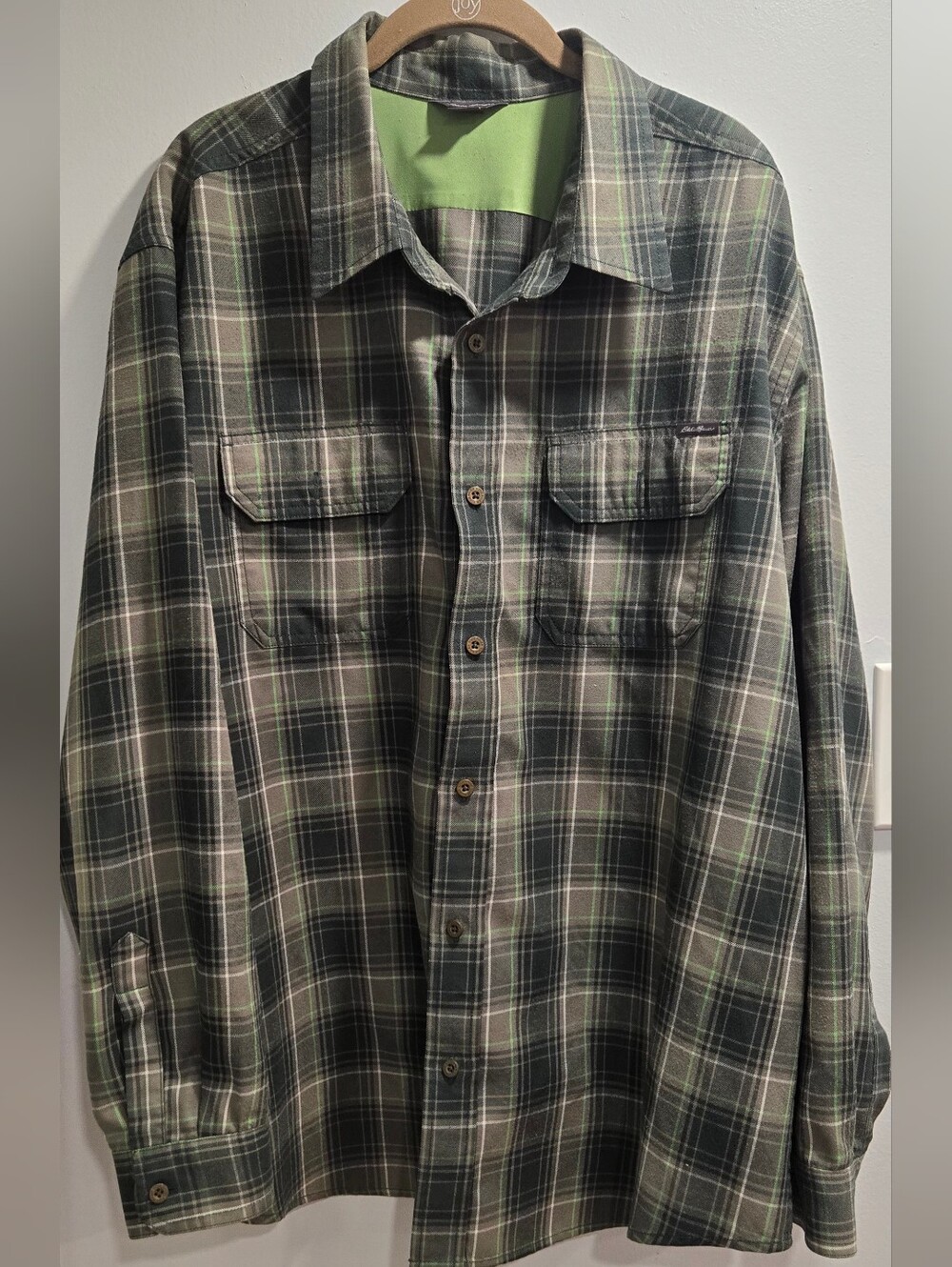 Eddie Bauer Men's Plaid Flannel Shirt Long Sleeve Green Grey 2XL / XXL
